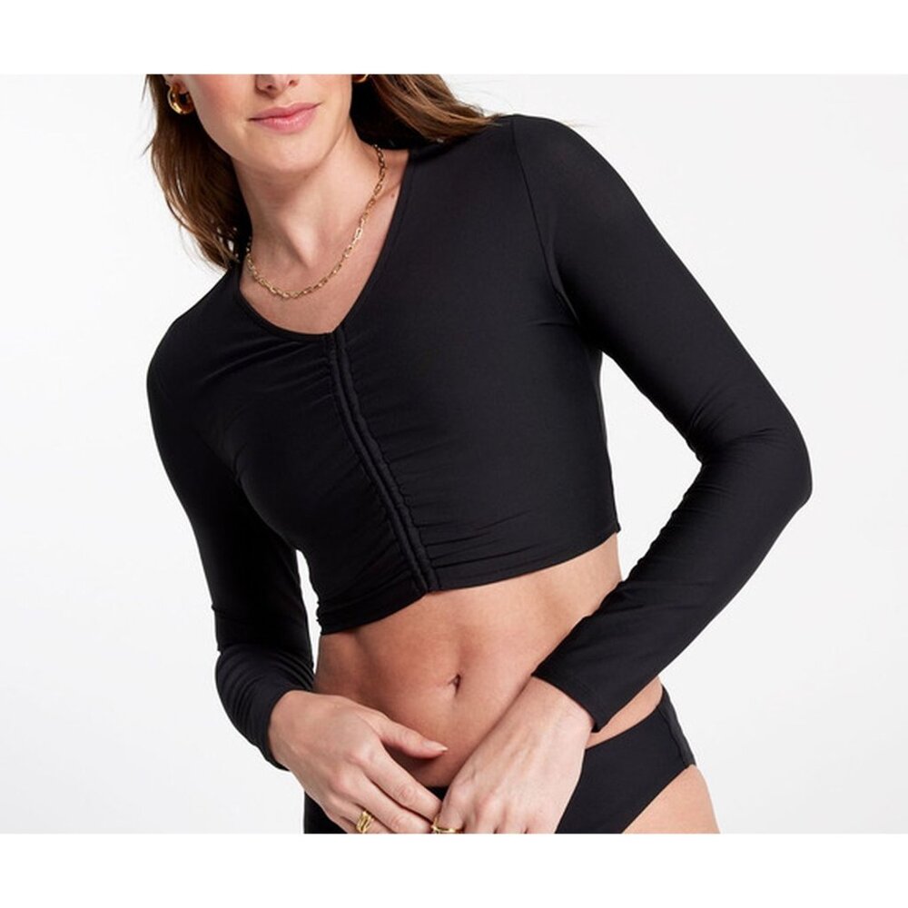 CALIA Long Sleeve Ruched Rashguard Top Sz XS Black Stretchy Adjustable Cinch VNe
